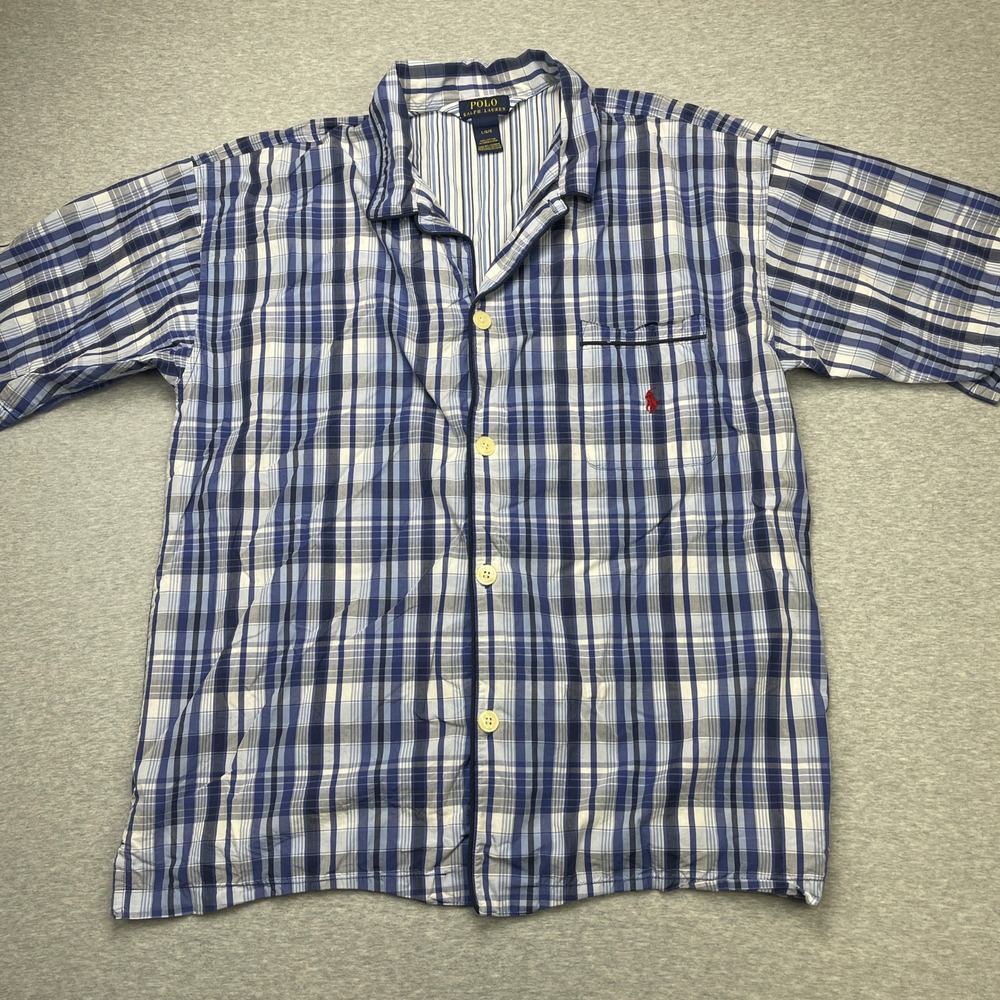 Polo Ralph Lauren Sleep Shirt Mens Large Blue Plaid Cotton Button-Down EUC